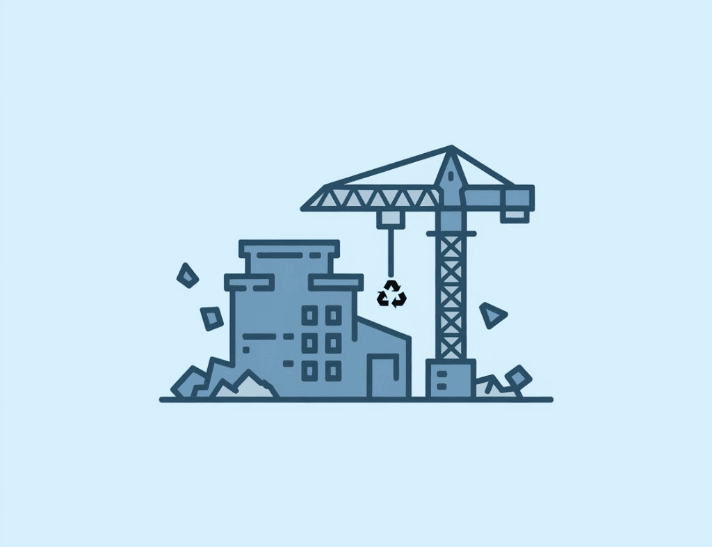 Crane and building icon representing construction and fabrication companies.