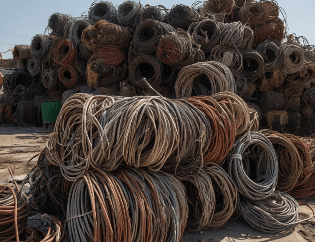 Electric Wire Cable Scrap Buyer in Dubai – High-quality insulated electric cables and exposed metal cores in an industrial scrapyard.