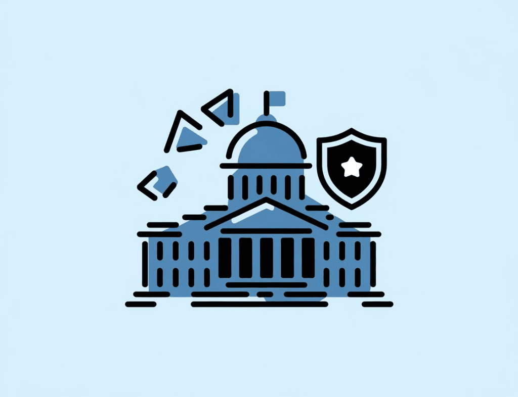Icon of a government building with a shield, representing the government and defense sector
