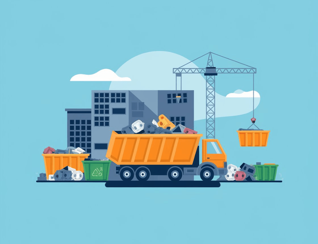 Dump truck and industrial setting, representing industrial scrap management.