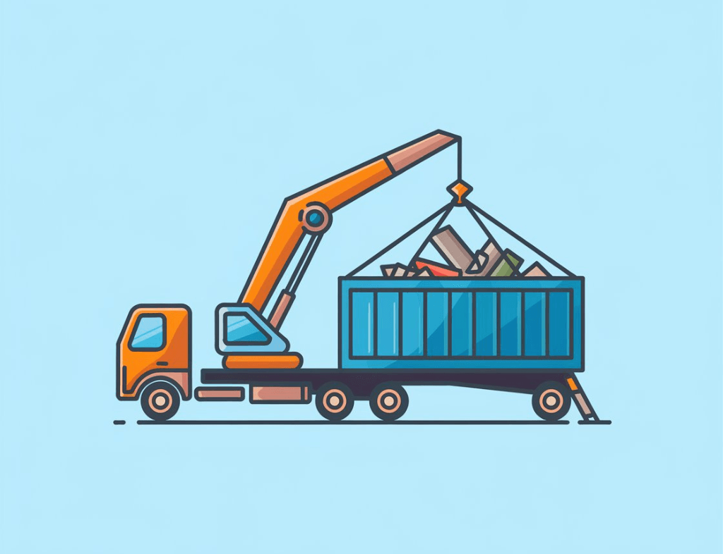 Truck with crane loading a shipping container, representing loading and logistics services.