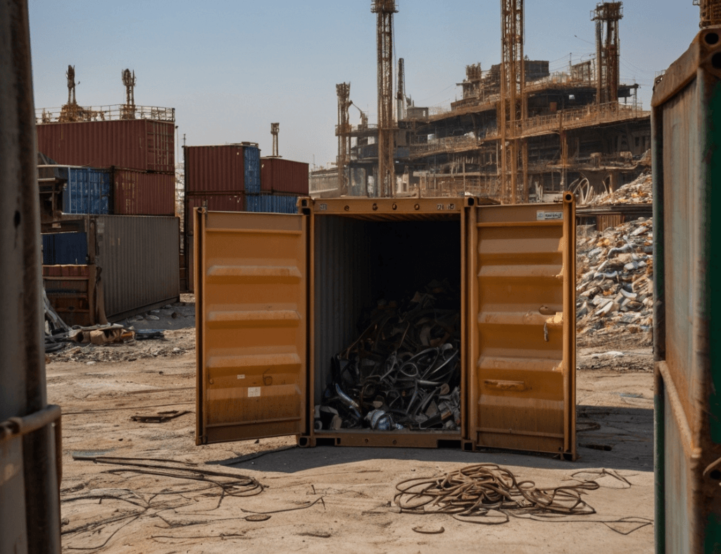 Fully loaded scrap container in Dubai – Open container filled with dense scrap metal including rebar, beams, and wires on a concrete dock.