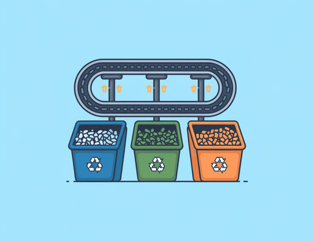 Icon of a conveyor belt sorting materials representing sorting and segregation services.