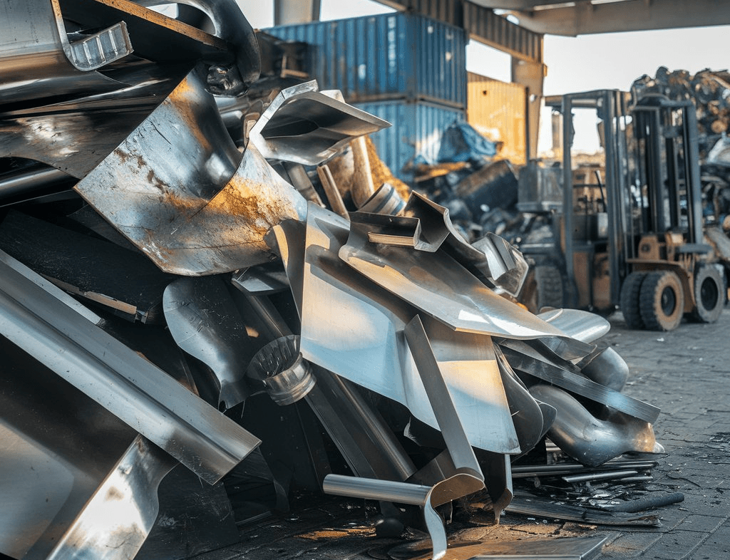 Scrap stainless steel buyers in Dubai - Used stainless steel sheets, pipes, and industrial metal scrap in a scrapyard for recycling.
