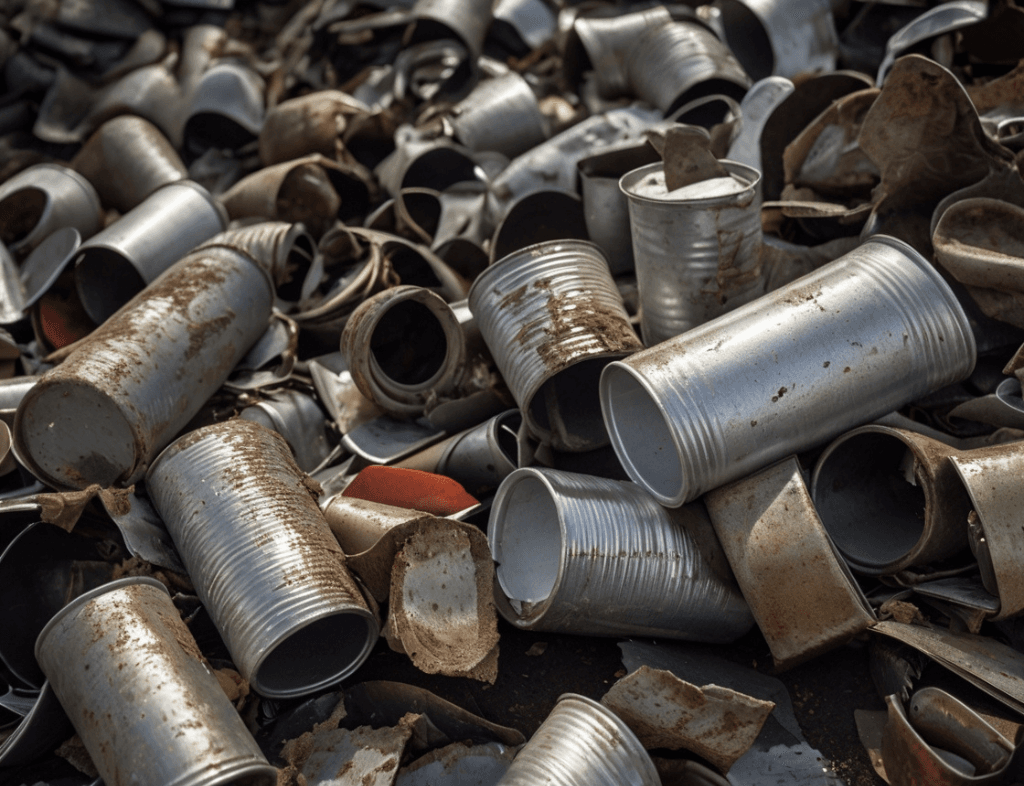 Tin Scrap Buyer in Dubai – Used tin scrap including cans, plates, and fragments on a concrete scrapyard, available for purchase online.