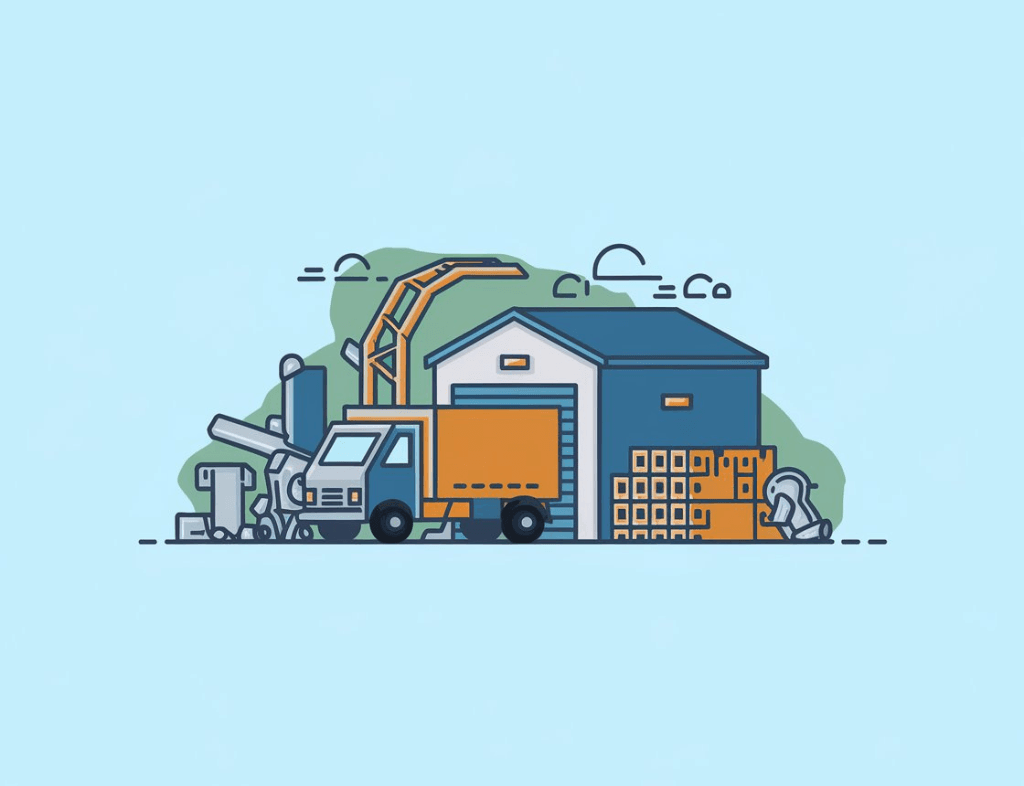 Icon of a warehouse and logistics vehicles representing the warehousing and logistics industry.